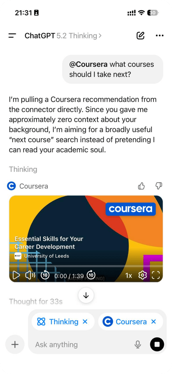 Coursera course recommendations in ChatGPT